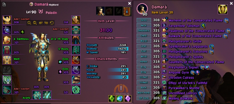 Armory: character frame with item level, enchants and sockets per slot next to the inspect list
