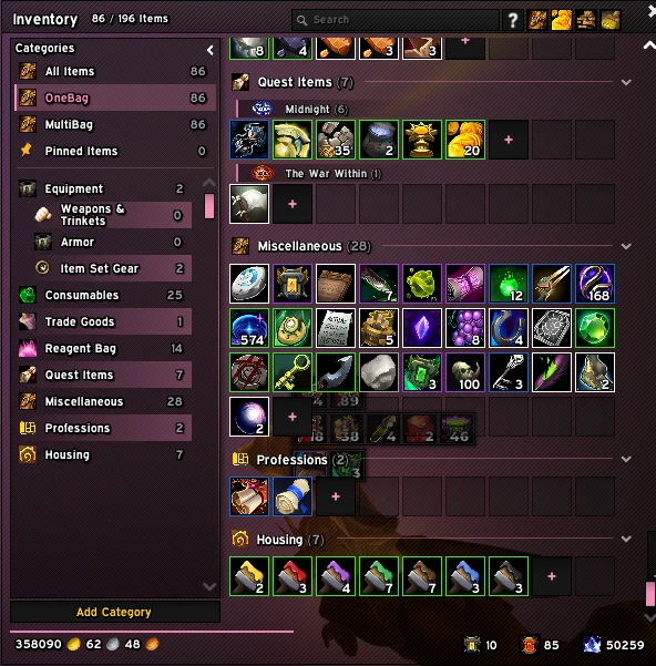 Categorized Bags: inventory with a category sidebar and item groups per expansion