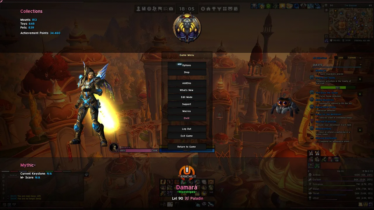 Styled game menu with character model, collection and Mythic+ info around the menu buttons